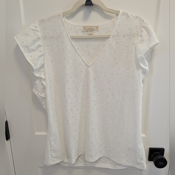 Michael Kors White Eyelet V-Neck Flutter Sleeve Top - Picture 2 of 7
